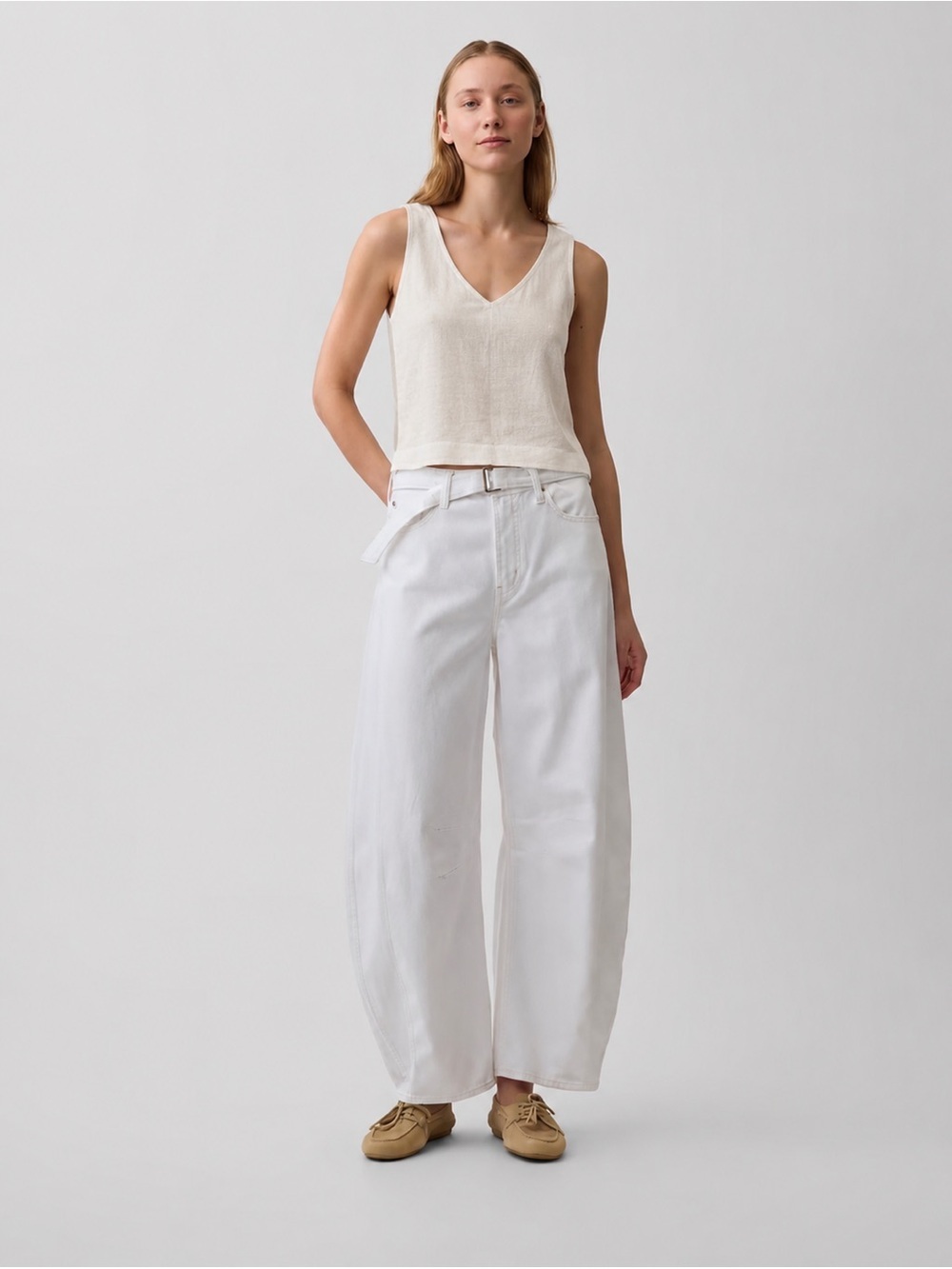 Linen Blend Sleeveless V-Neck Crop Tank Top Cream Beige Size M